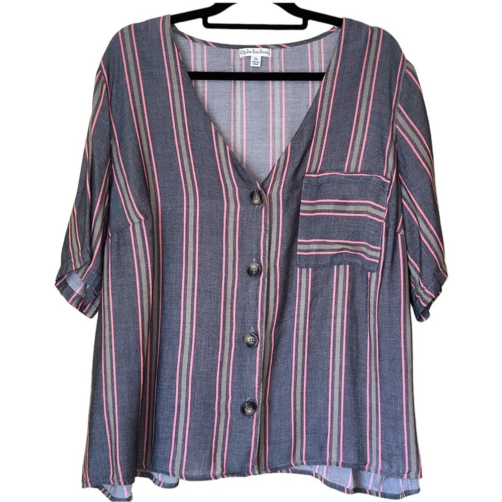 Ophelia Row Gray Pink Sage Stripe Button Up Blouse Light Weight Soft Material